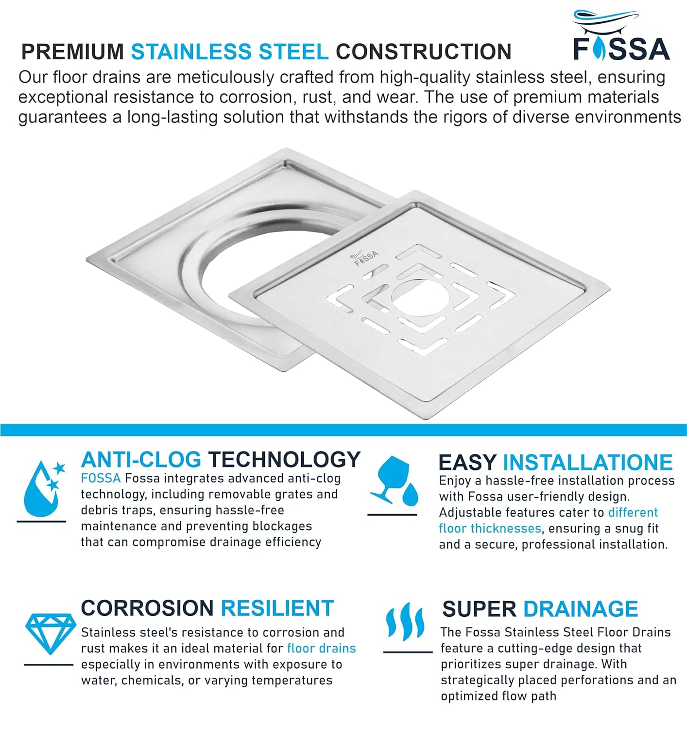 Fossa Apex 5"X5" Inch with Hole Floor Drain, Premium Stainless Steel, for Bathroom Grating Square Floor Drain Jali, Matte Finish