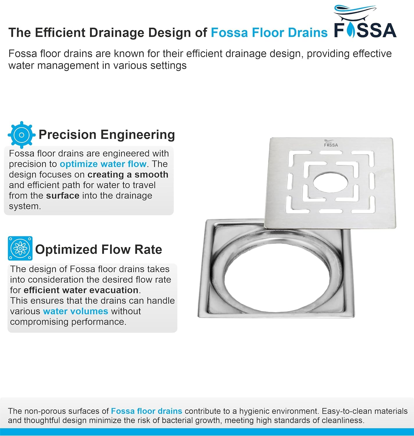 Fossa Apex 5"X5" Inch with Hole Floor Drain, Premium Stainless Steel, for Bathroom Grating Square Floor Drain Jali, Matte Finish