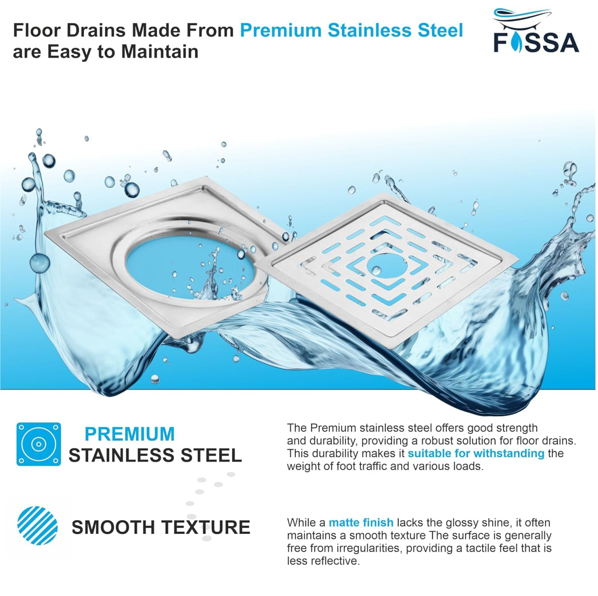 Fossa Apex 5"X5" Inch with Hole Floor Drain, Premium Stainless Steel, for Bathroom Grating Square Floor Drain Jali, Matte Finish
