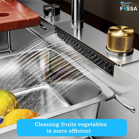 Fossa 37"x18"x10" Single Bowl 304 Grade WaterFall Kitchen Sink with Integrated Waterfall mode and Pull Down Faucet with Steel Tray, Fruit Basket and Complete Accessories Set.