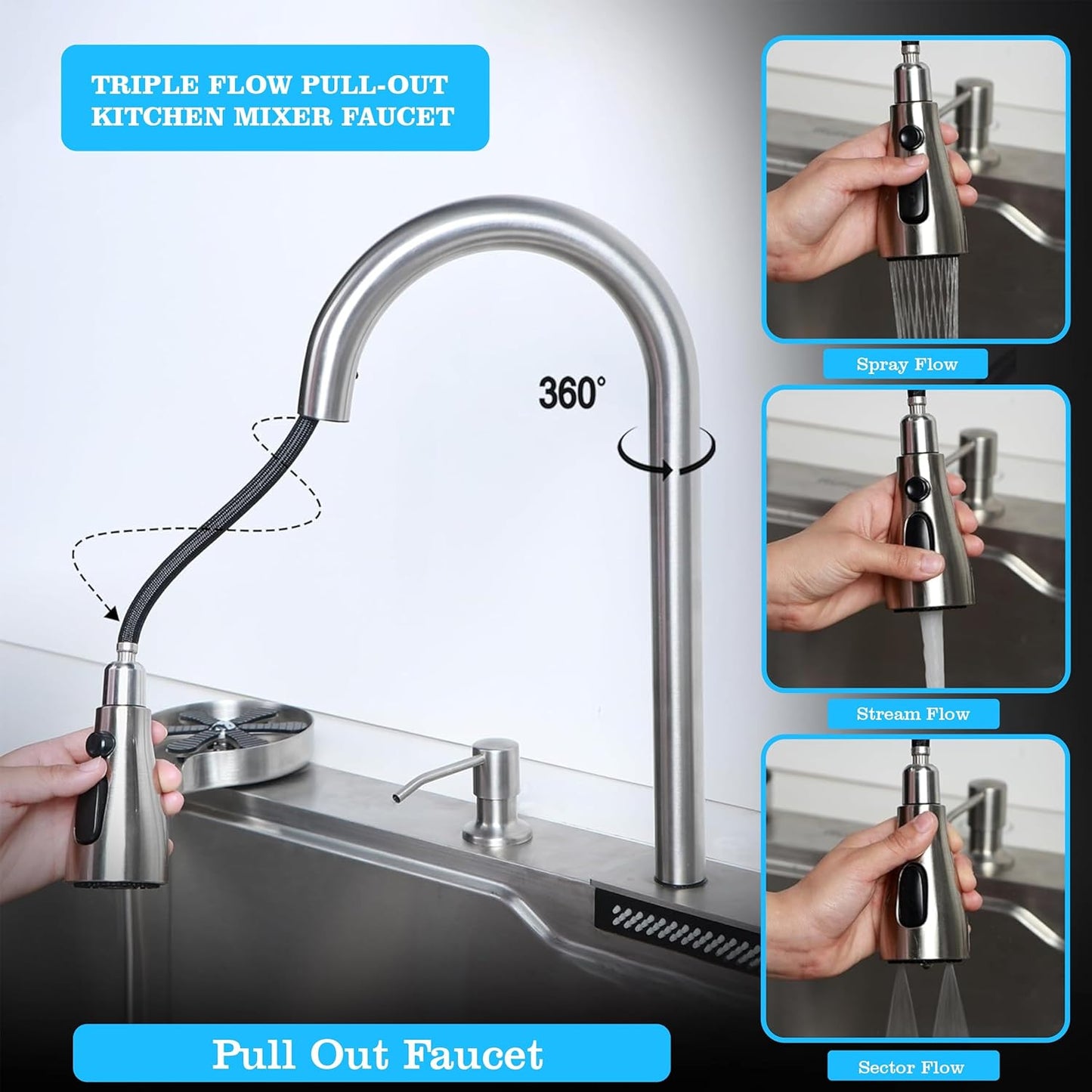 Fossa 37"x18"x10" Single Bowl 304 Grade WaterFall Kitchen Sink with Integrated Waterfall mode and Pull Down Faucet with Steel Tray, Fruit Basket and Complete Accessories Set.