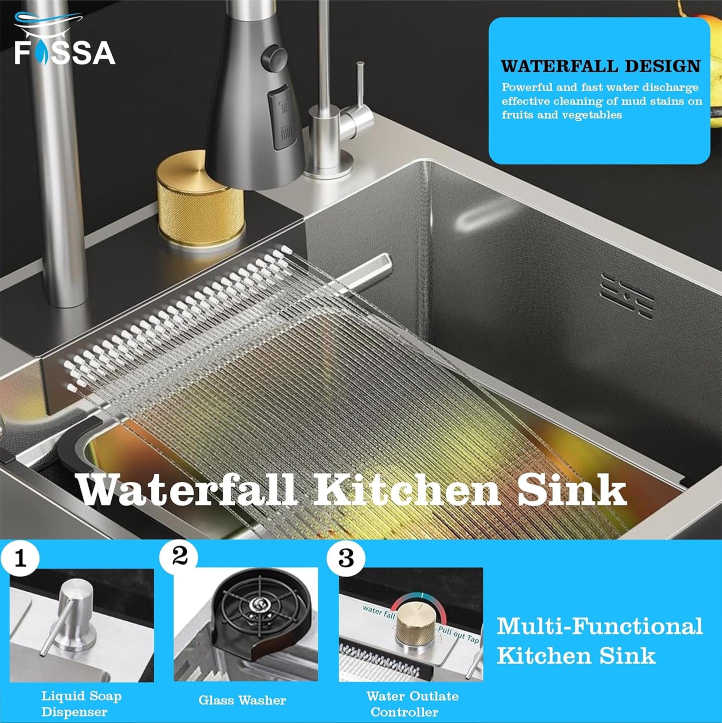 Fossa 37"x18"x10" Single Bowl 304 Grade WaterFall Kitchen Sink with Integrated Waterfall mode and Pull Down Faucet with Steel Tray, Fruit Basket and Complete Accessories Set.