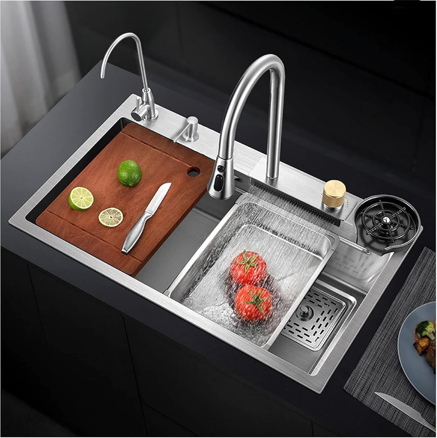 Fossa 37"x18"x10" Single Bowl 304 Grade WaterFall Kitchen Sink with Integrated Waterfall mode and Pull Down Faucet with Steel Tray, Fruit Basket and Complete Accessories Set.
