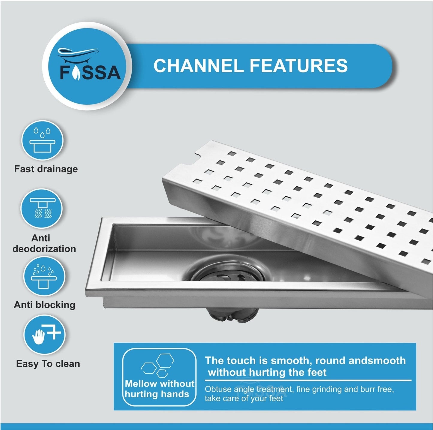 Fossa 24"x4" Shower Ultra Brushed Drain Side Hole Rectangular Floor Drain