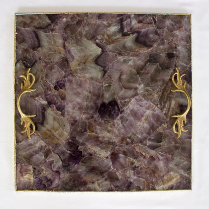 Amethyst Agate Serving Tray With Brass Handles | Square