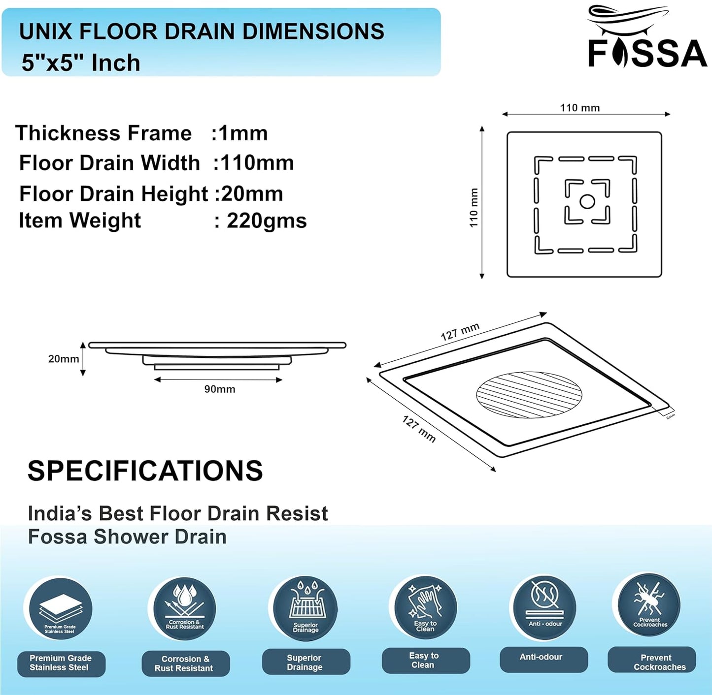 Fossa Apex 5"X5" Inch with Hole Floor Drain, Premium Stainless Steel, for Bathroom Grating Square Floor Drain Jali, Matte Finish