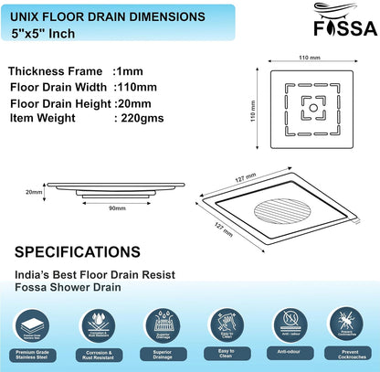 Fossa Apex 5"X5" Inch with Hole Floor Drain, Premium Stainless Steel, for Bathroom Grating Square Floor Drain Jali, Matte Finish