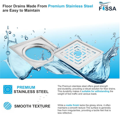 Fossa Apex 5"X5" Inch with Hole Floor Drain, Premium Stainless Steel, for Bathroom Grating Square Floor Drain Jali, Matte Finish