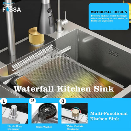 Fossa 37"x18"x10" Single Bowl 304 Grade WaterFall Kitchen Sink with Integrated Waterfall mode and Pull Down Faucet with Steel Tray, Fruit Basket and Complete Accessories Set.